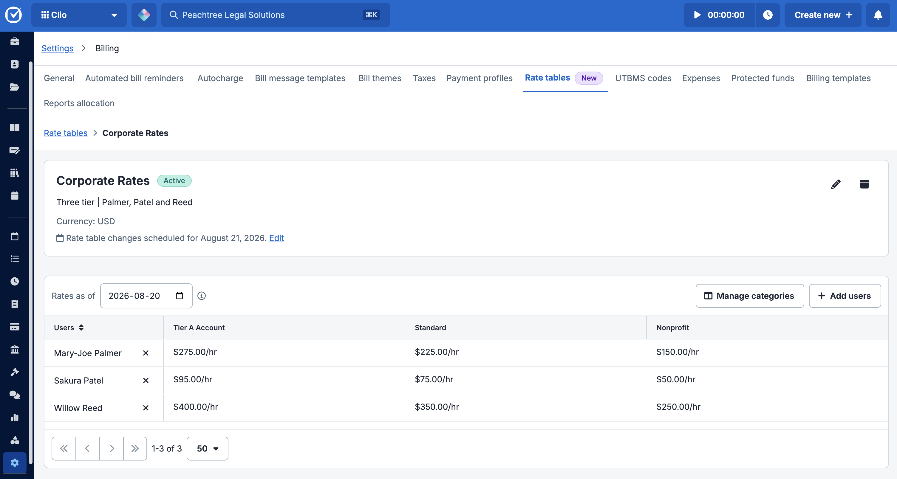 Rate table grid showing firm users as rows and rate categories as columns, each with a populated hourly rate.